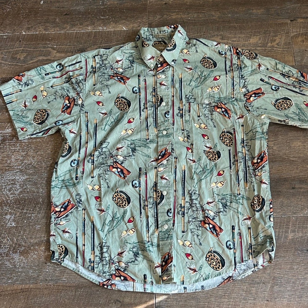 Natural Issue Mens Large Green Fly Fishing Print Button Down Shirt Wrinkle Free